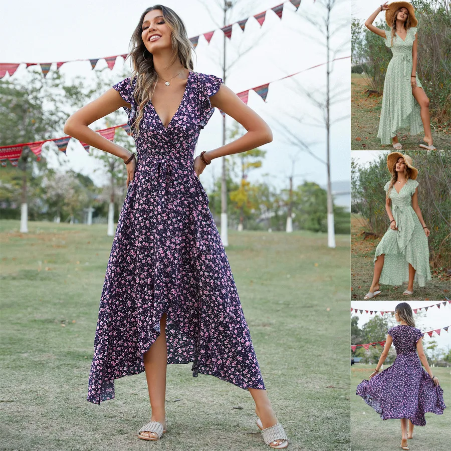 

2023 Summer Bohemian Slit Maxi Dress Bandage V Neck Waist Elegant Ruffles Fashion Asymmetrical Cotton Party Dresses For Women