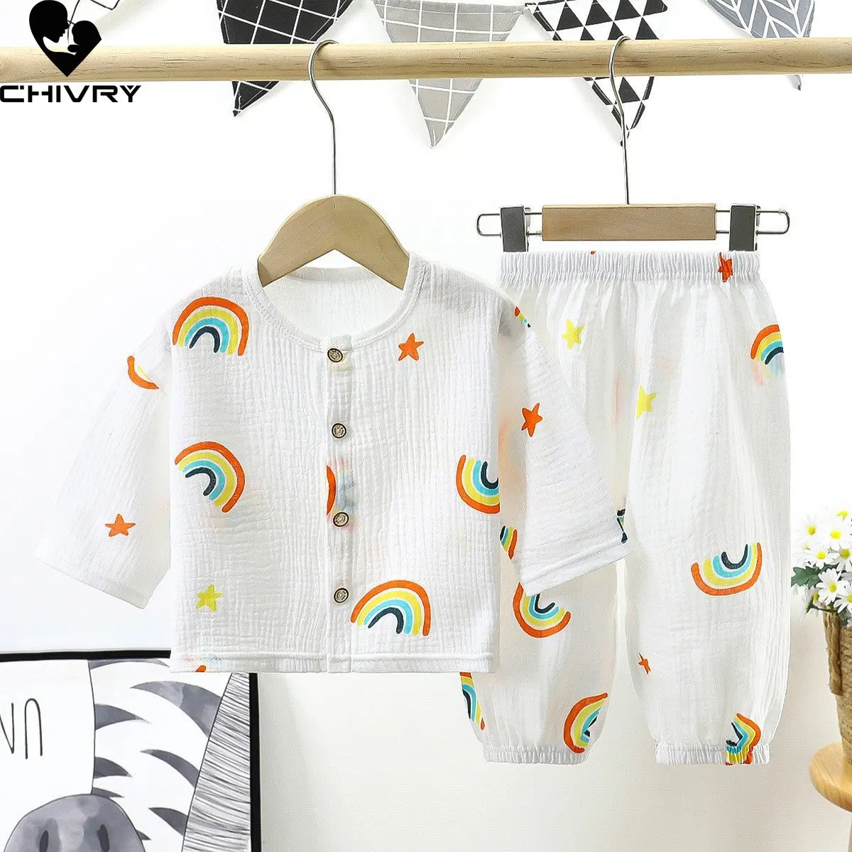 

Kids Summer Pajamas New Boys Girls Thin Cartoon Three-quarter Sleeve Cotton Yarn Shirts with Pants Baby Sleeping Clothes Sets