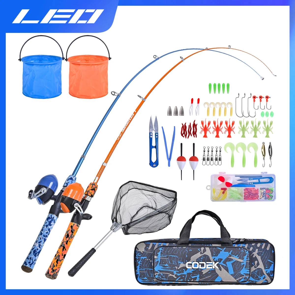 Double Kids Fishing Pole Set with Full Starter Kits with a Fishing Net and Bucket for Boys Girls and Youth