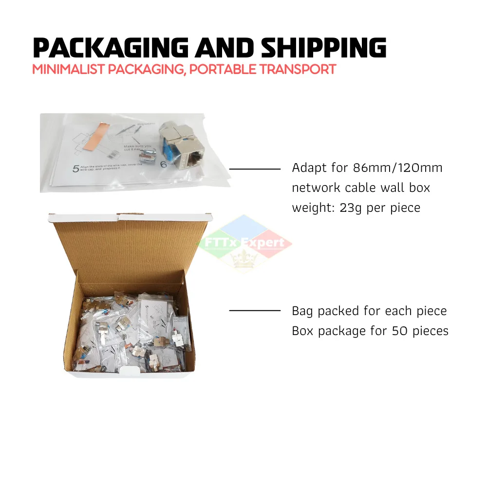 50 Pcs/Lot Alloy shielded CAT8 180 degree FTP Keystone Jack screw Style shielded RJ45 40G Tool-free CAT7/8/6A General Module