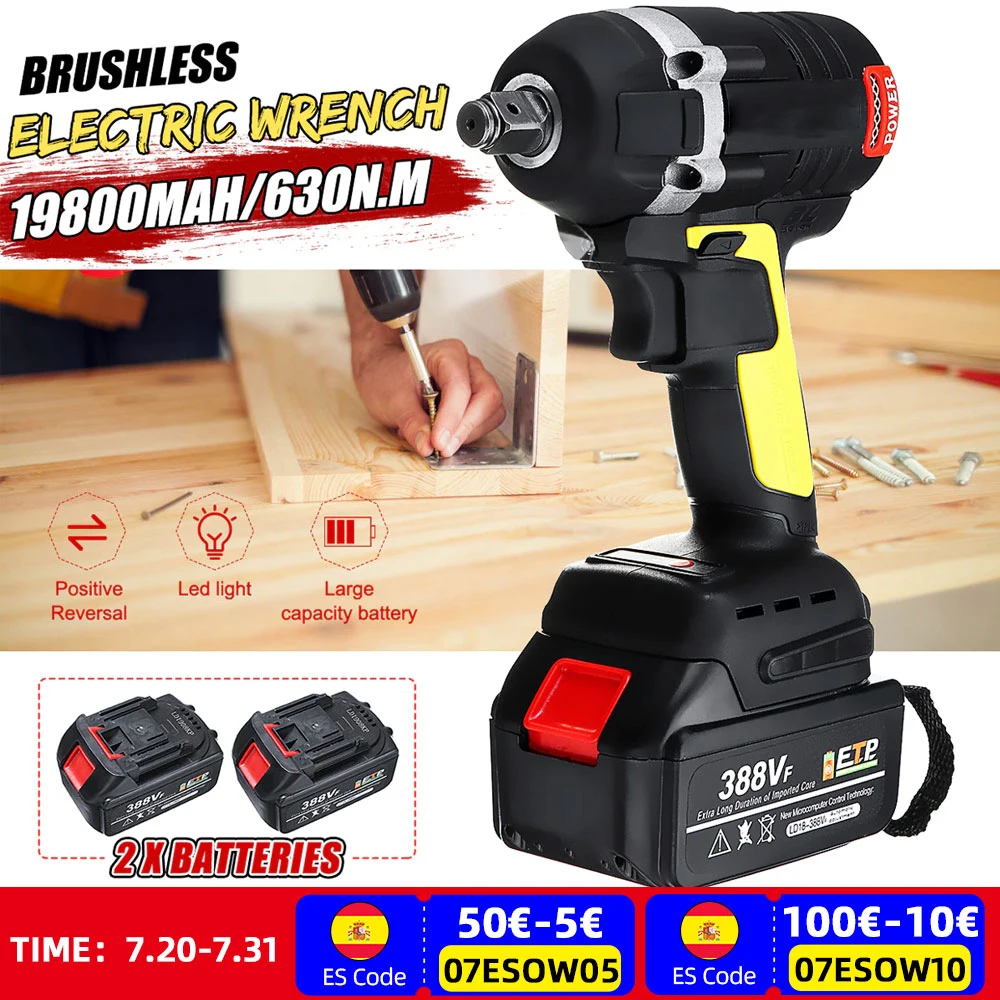 

630N.m 388VF Brushless Electric Impact Wrench With 19800mAh Li Battery Impact Hand Drill Installation LED Light Power Tools