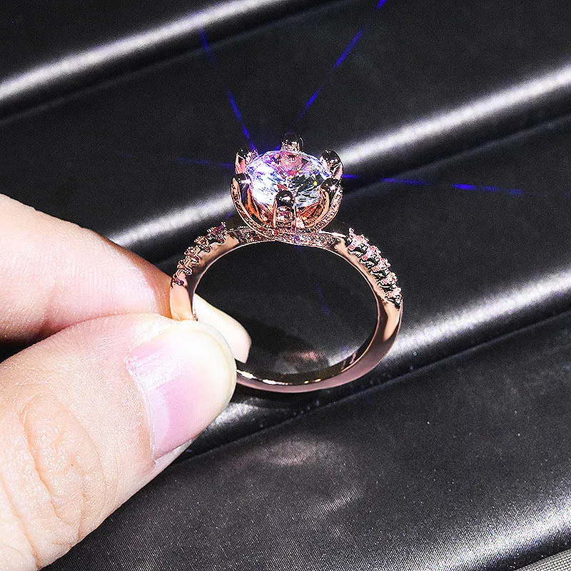 

Кольцо из серебра пробы с инкрустированным бриллиантом, розовое золото в каратах, классическое кольцо с шестью крапанами, обручальное кольцо, ювелирные изделия