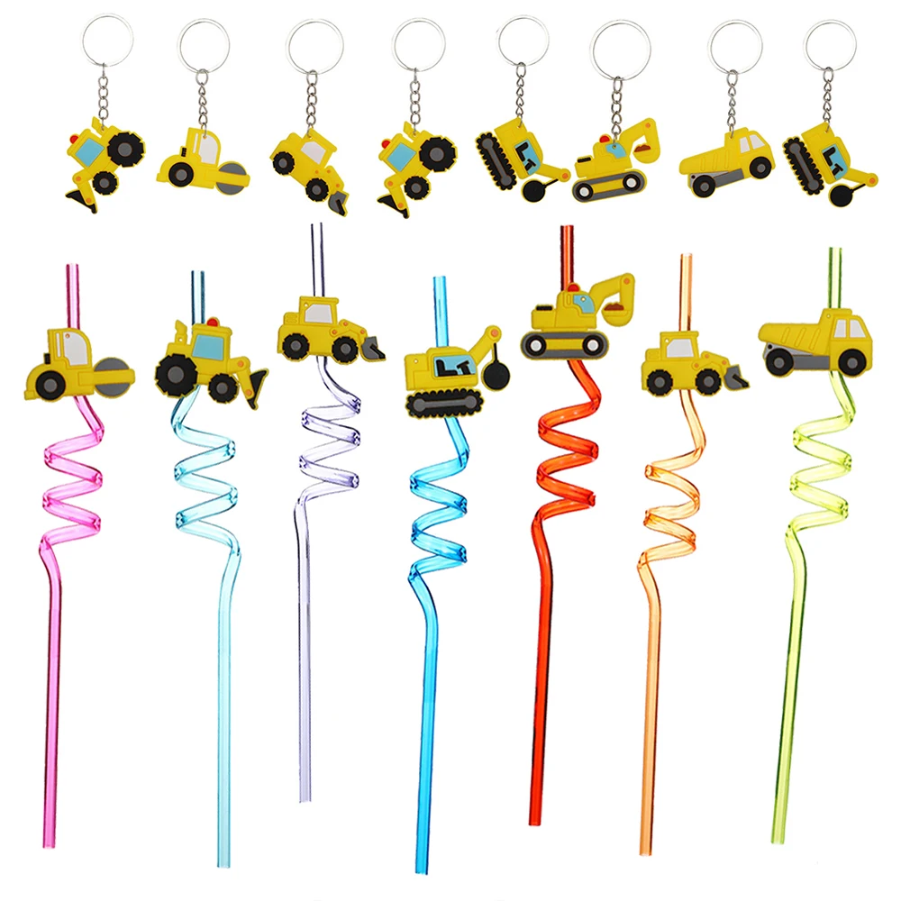 

Construction Truck Tractor Party Drinking Straws Excavator Bulldozer Keychains Straws Boy Truck Themed Birthday Party Decortions
