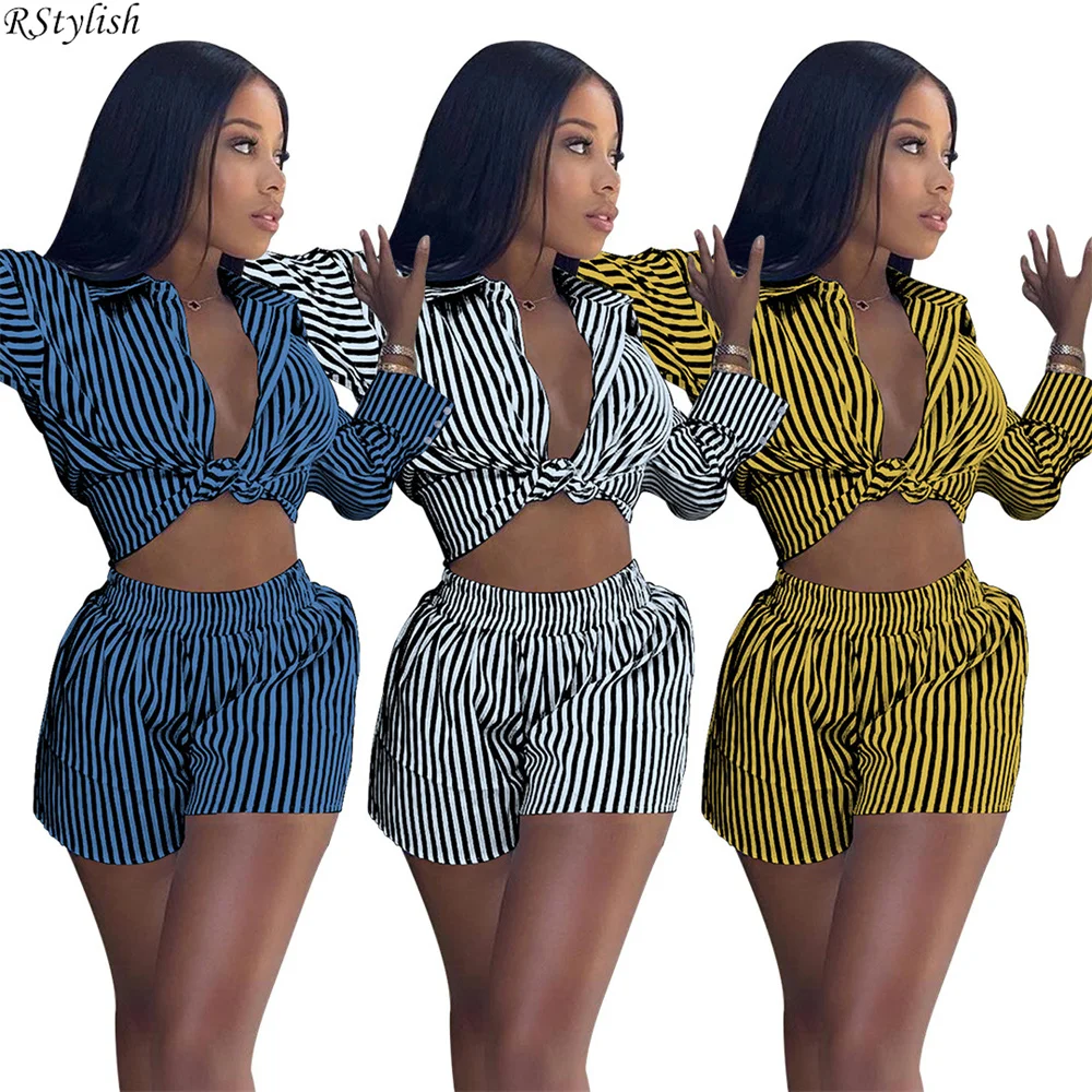 RStylish 2 Piece Sets Womens Outfits Striped Print Long Sleeve Shirt Top Shorts Suit Casual Streetwear Spring Clothing 2022 