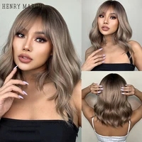 henry margu brown short wavy synthetic wigs bob natural bangs wig shoulder length for black women daily fake hair heat resistant