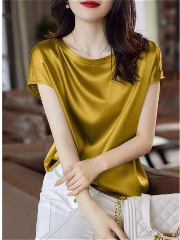 2024 Inner wear T-shirt Top New Summer Clothing Pullover Outer Wear Bottoming Shirt Loose Raglan Sleeve Satin All-Match Fashi... |