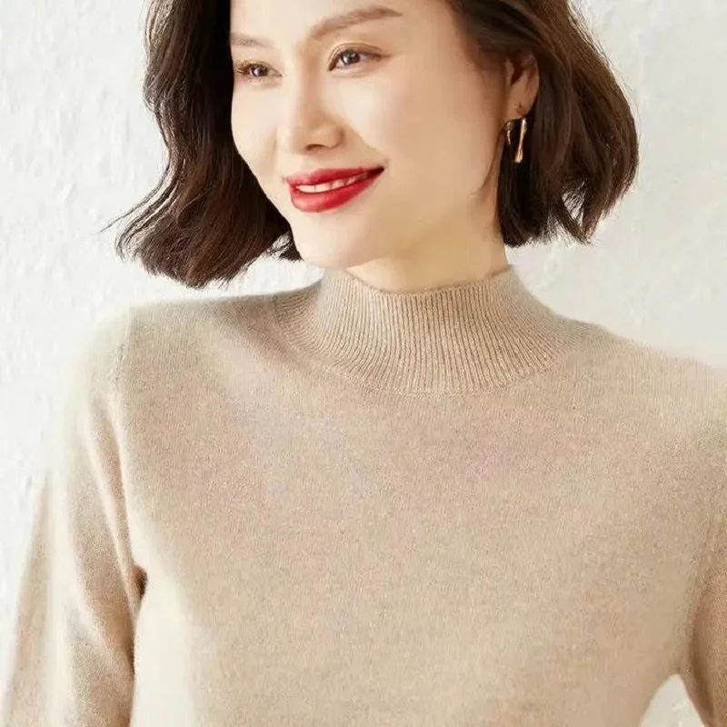 

Woolen Shirt Women 100% Half High Collar 2023 Winter Thick Short Knit Bottom Sweater Large Size Pullover Sweaters Womens