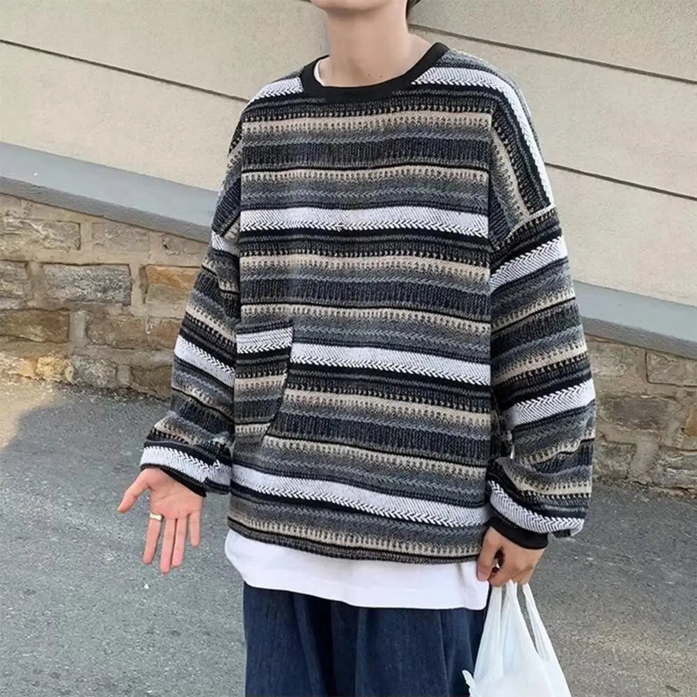 

Осенняя толстовка с круглым вырезом, мягкий противозамерзающий Мужской Свободный Топ в полоску в этническом стиле, пуловер, свитшот, повседневная одежда