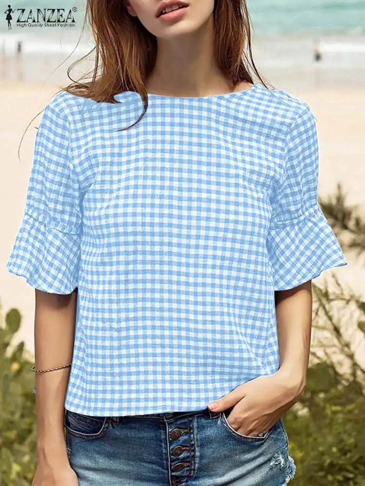 

Fashion Check Tops Women Summer Blouse ZANZEA 2022 Casual Flare Short Sleeve Blusas Female O Neck Tunic Plaid Chemise Oversized