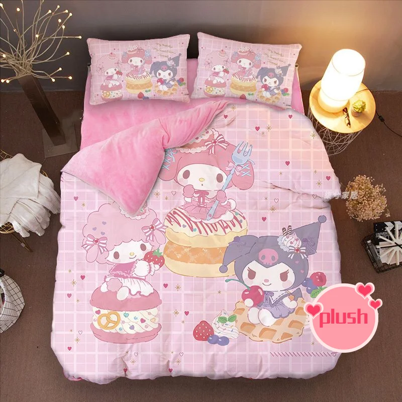 

Sanrios My Melody Kuromi Anime Cartoon Plus Velvet Sheet Quilt Cover Japanese Cute Autumn and Winter Bedding Warm Comfortable