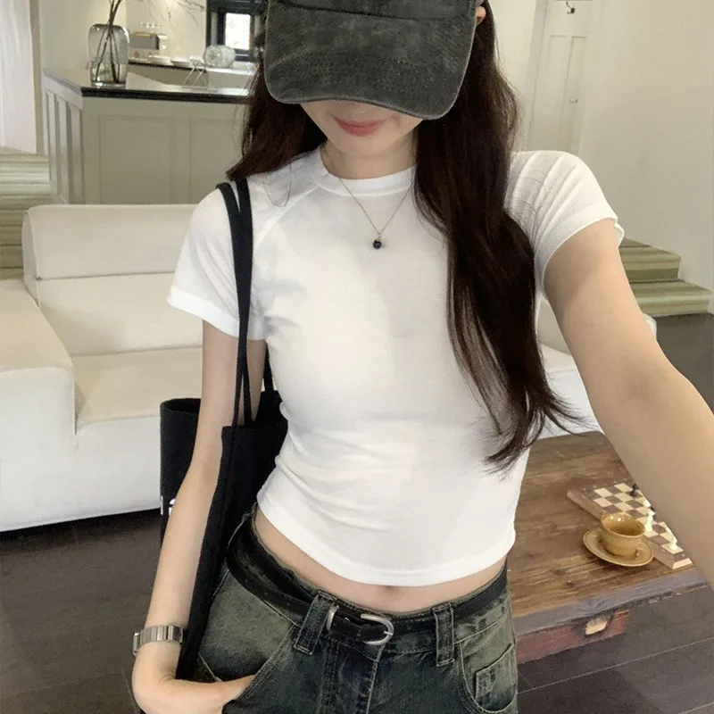 Neploe 2024 новые летние вязаные топы женские футболки Y2k E-Girl с круглым вырезом и