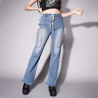 2022 street elegant basic chic denim trouser pants women lace up sexy hollow out tassel side flare street style sexy jeans