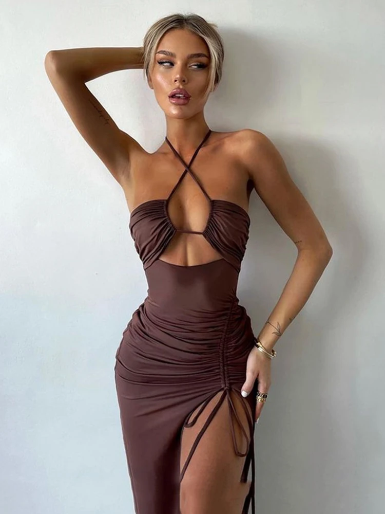 

Summer Sexy Halter Backless Dress Sleeveless 2022 New Fashion Cut Out Mini Dress Women Elegant Club Party Slit Dresses Vestido