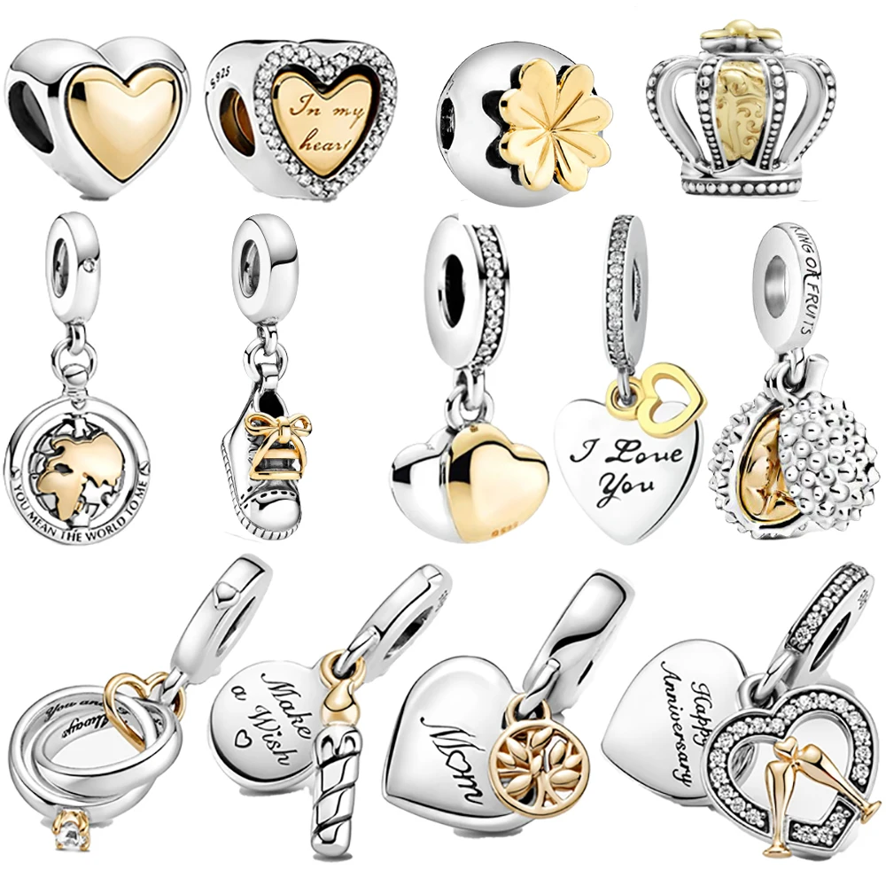 _ Серебряные круглые золотые подвески в форме сердца, дерева, луны, бусины, подходят для Pandora 925, оригинальные браслеты DIY, изготовление ювелир...
