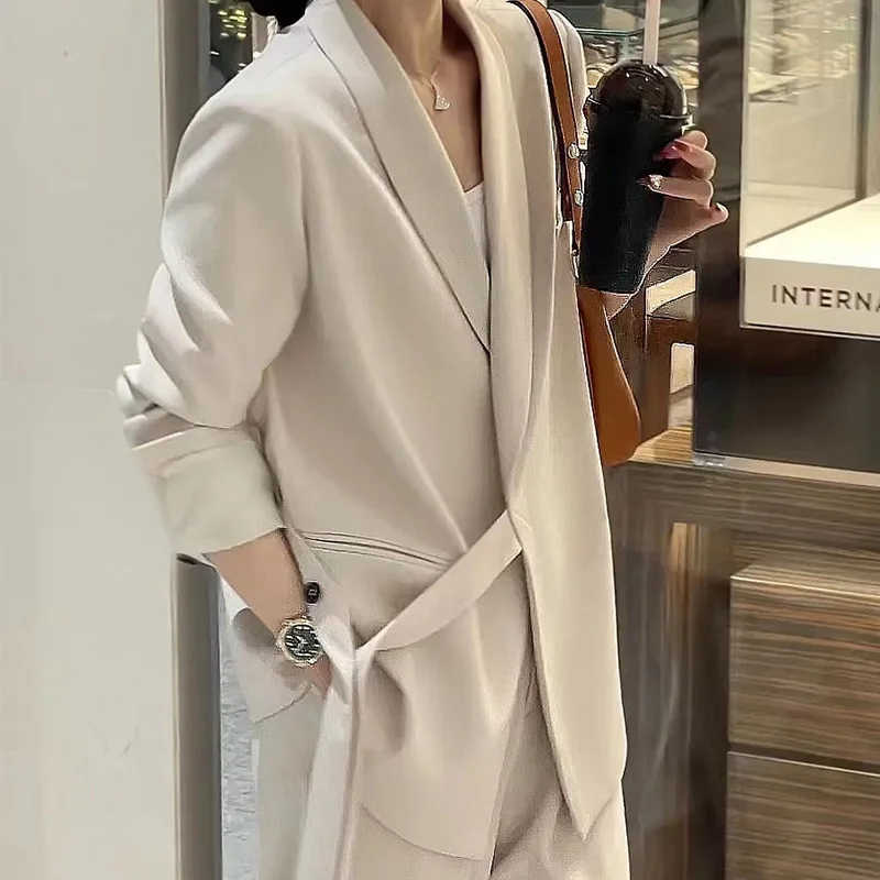 2023 Spring Women Blazers and Wide Leg Pants Set Solid Brand New Autumn Lace Up Loose Lightweight Elegant Suit 2 Piece