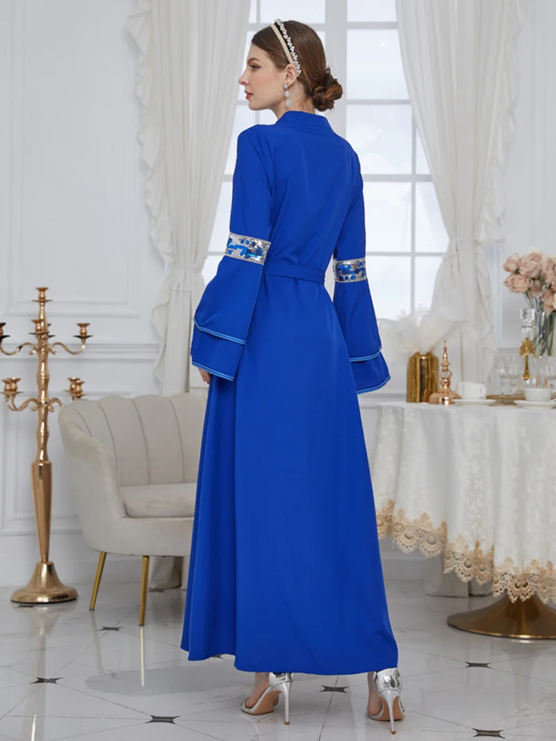 Arabic Dresses For Women Embroidered Sequins Patchwork Solid Blue Long Sleeve Split Hem Dress Islam Oman Qatar Abaya