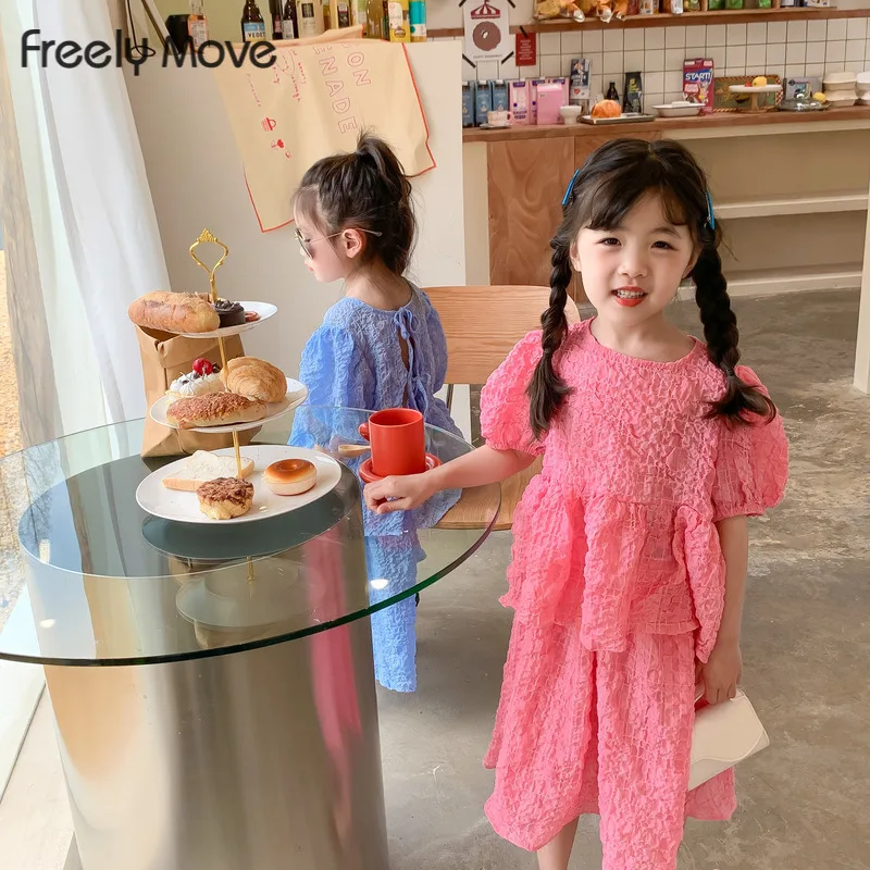 

Freely Move Cute Korean Short Sleeve O Neck Summer Kids Set Girl's Casual Solid Color Girls' Short-sleeved Shirts And Skirt Set