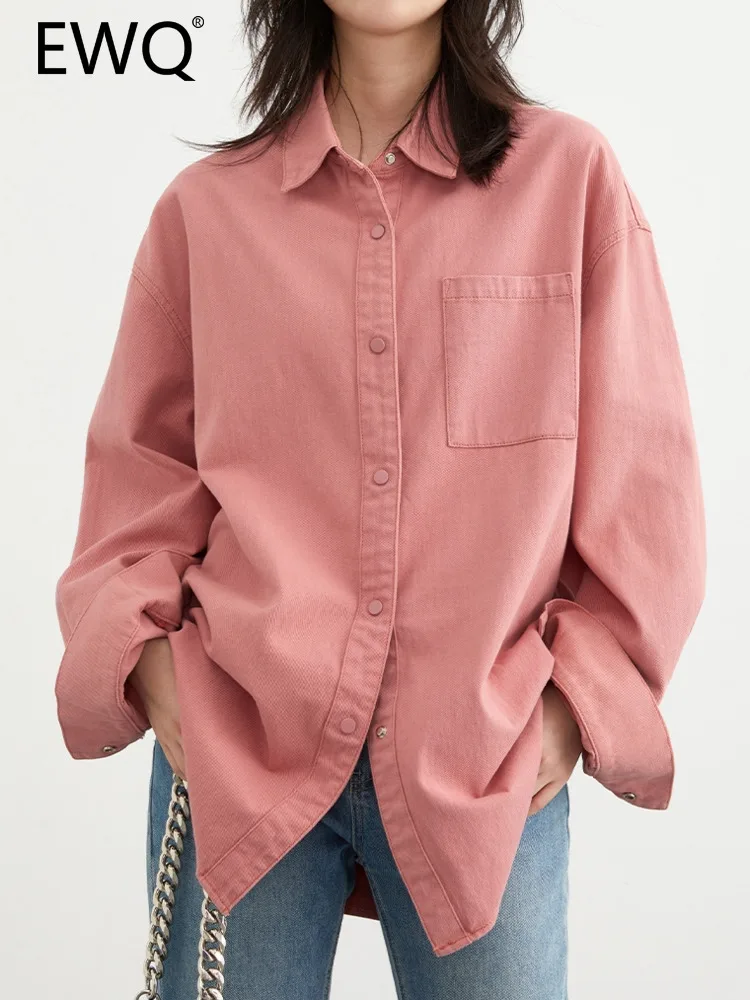 

EWQ Solid Simplicity Denim Shirts For Women Lapel Single Breasted Long Sleeve Casual Female Tops 2023 Autumn New 26D5705