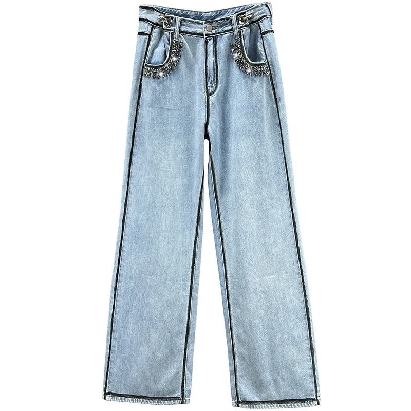Diamond Jeans Women's Fashion High Waist Loose Wide-Leg Trousers for Spring and Summer Jean 2022 New Office Lady Denim Trouser