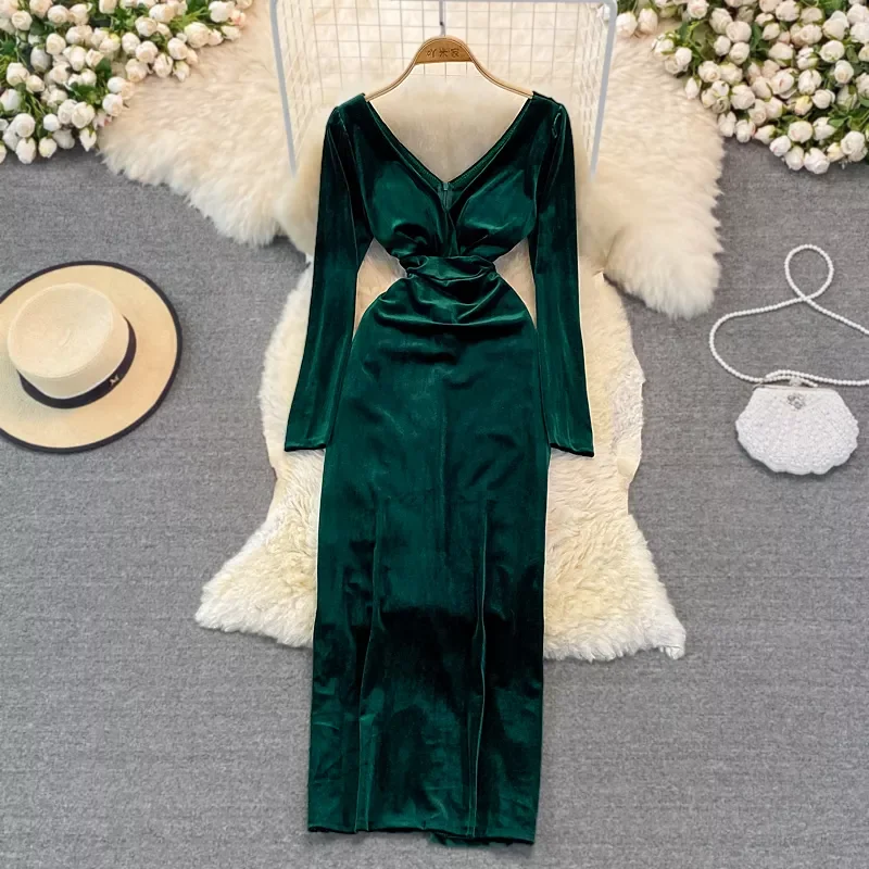 

Spring Vintage Velvet Long Dress Women Sexy V-Neck High Waist Bodycon Party Vestido Female Slim Maxi Robe New Fashion Vestidos