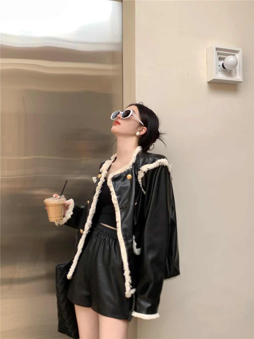 Black Pu Leather  Long Sleeved Jacket Women's Autumn 2022 Luxury Y2k Girl Loose Top Jacket  O Neck  High Street Fashion Clothes