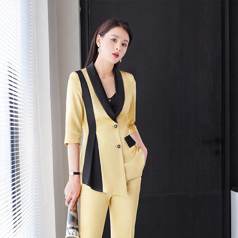 IZICFLY Spring Summer New Style Yellow Patchwork Office Blazer And Pants Suits Business 2 Piece Sets Womens Outfits Work Wear