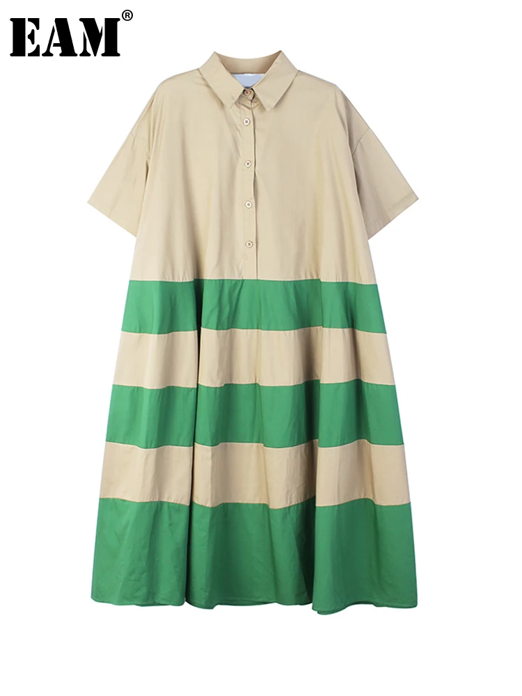 

[EAM] Women Khaki Color-block Striped Big Size Shirt Dress New Lapel Short Sleeve Loose Fit Fashion Spring Summer 2022 1DE9751