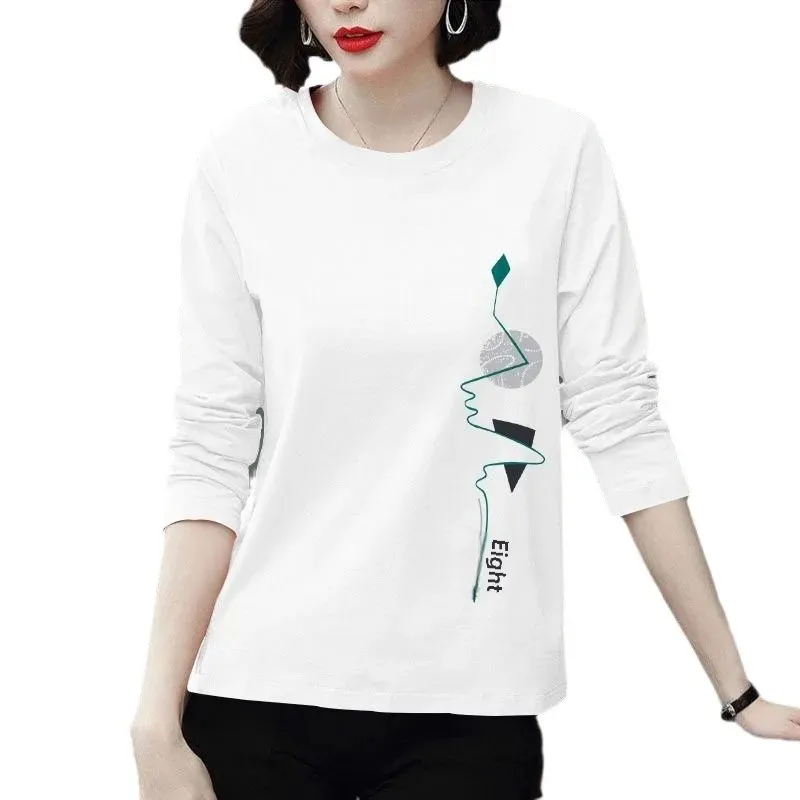 Хлопковая футболка с длинным рукавом женская свободная размера плюс базовый