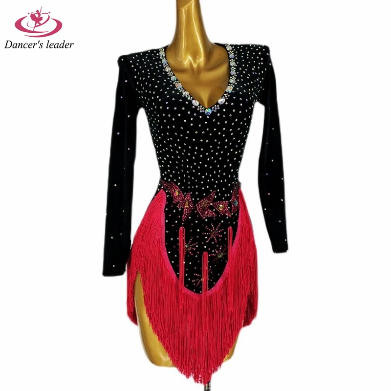 

Latin Dance Dress High-end Custom Pattern Embroidered With Diamond Tassel Dance Dress Cha Cha Tango Stage Professional Clothing