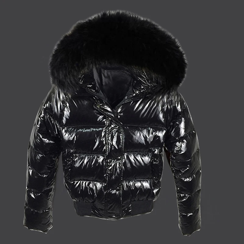 Fashion European Black Short Coats Women's Jacket Autumn Winter Hooded Parkas Fake Fur Collar Glossy Female Outerwear Snow Wear