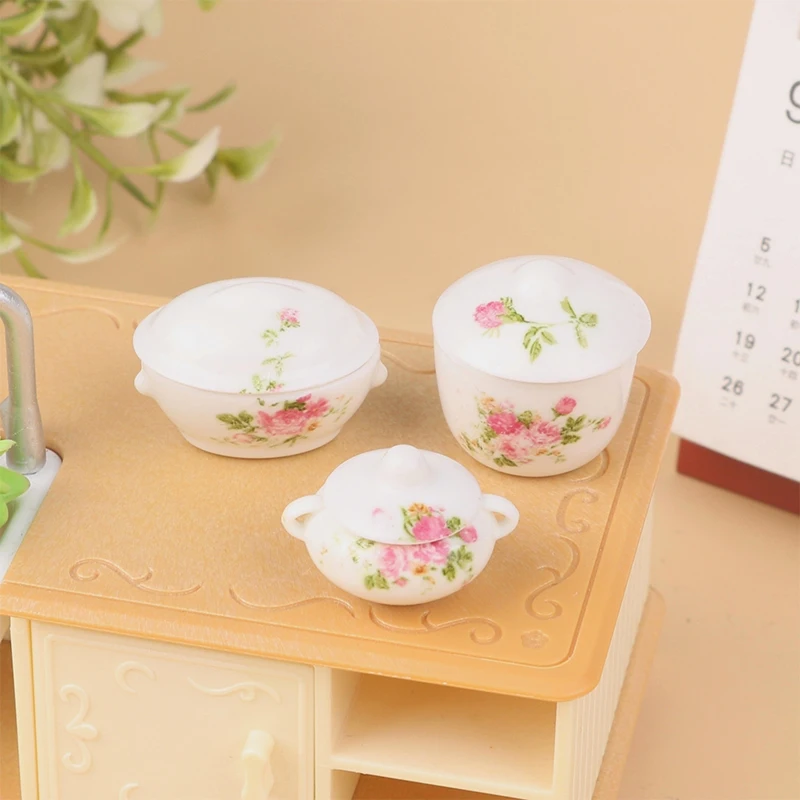 1Set 1:12 Dollhouse Miniature Cooking Soup Pot Stew Cup with Cover Tableware Model Kitchen Decor Toy Doll House Accessories