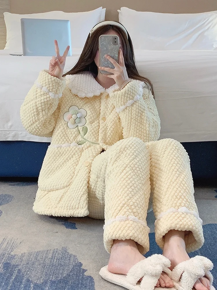 Coral Fleece Pajamas Women Autumn and Winter Quilted Three-Layer Thickened 2023 New Flannel Goose Yellow Spring Home Wear Set
