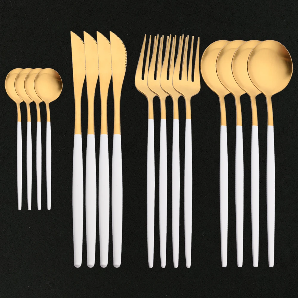 

16pcs/4set Matte Stainless Steel Dinnerware White Gold Cutlery Set Restaurant Wedding Tableware Dinner Knife Fork Spoon Flatware