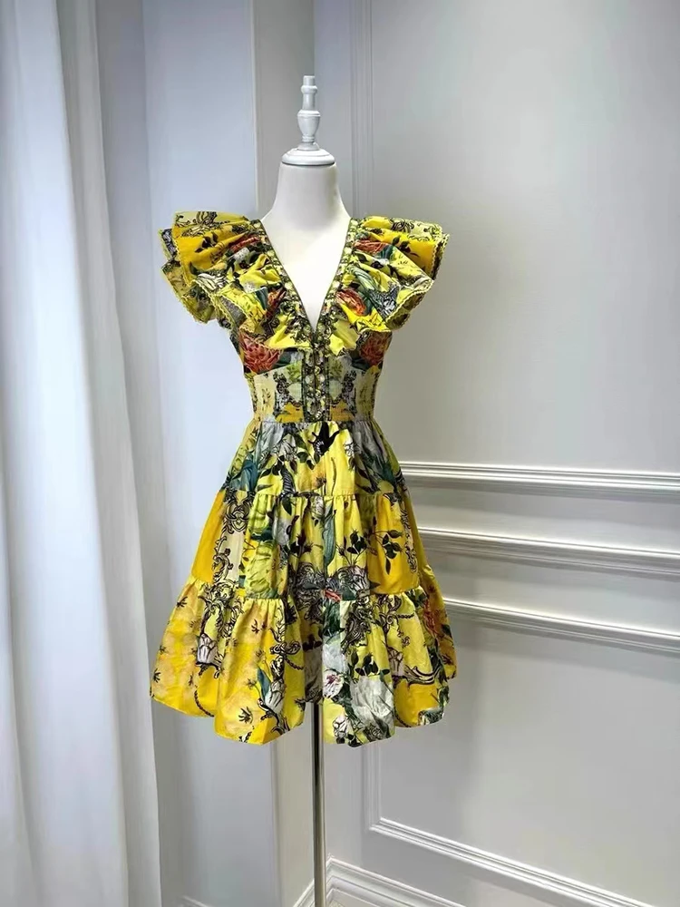 й ILYBOOJUN Hit kolorowy nadruk minimalistyczna Mini sukienka dla kobiet V Neck latający rękaw tunika łączona na zamek błyskawiczny moda damska