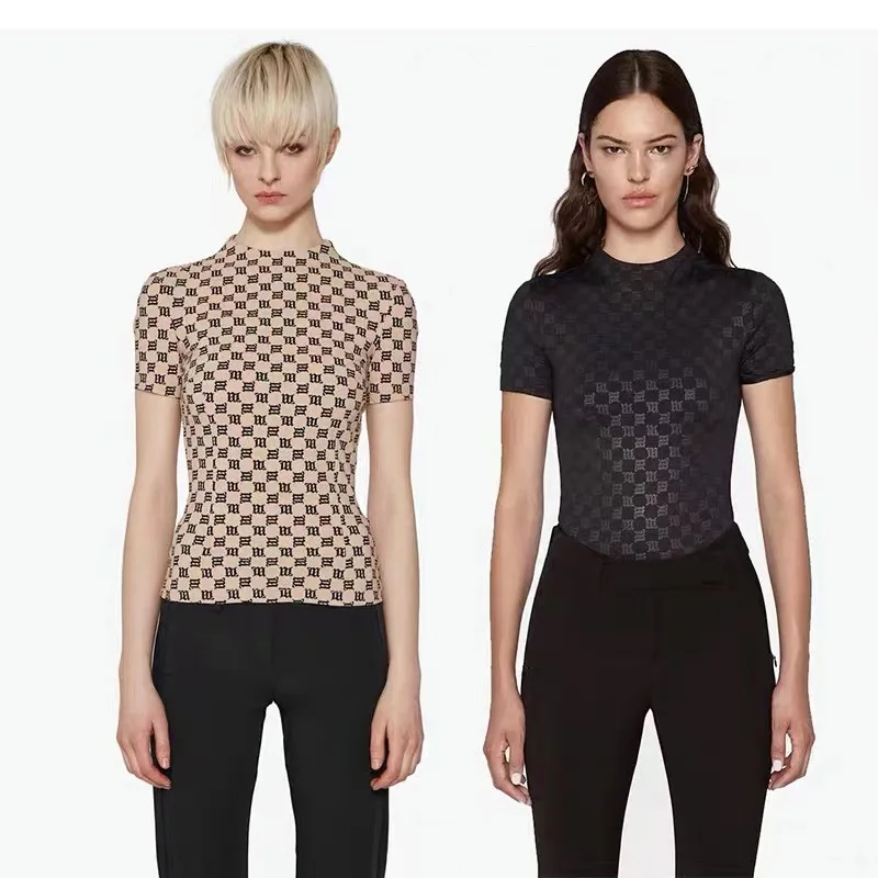 

Misbhves Brand Summer Letter Print Half Turtleneck Short Sleeve T-Shirt Thin Bottoming Tide Tight Personality Fashion Top Tees