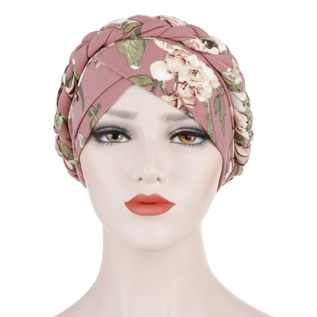 Braid Hijabs for Women Cross Forehead Floral Print Muslim Woman Turban for Party Elegant Islamic Headwrap Elastic Hijab Bonnets
