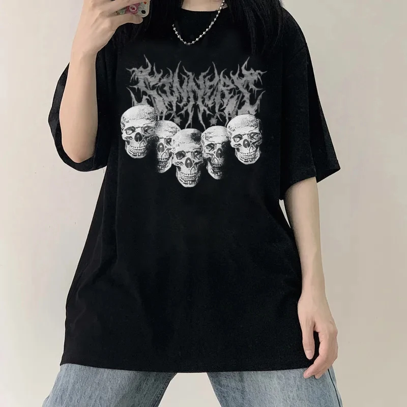 

Sommer Gothic Damen Lose O-neck T-shirt Dark Flame Punk Plus Size Streetwear Harajuku Vielseitiges Casual Simple Fashion Top
