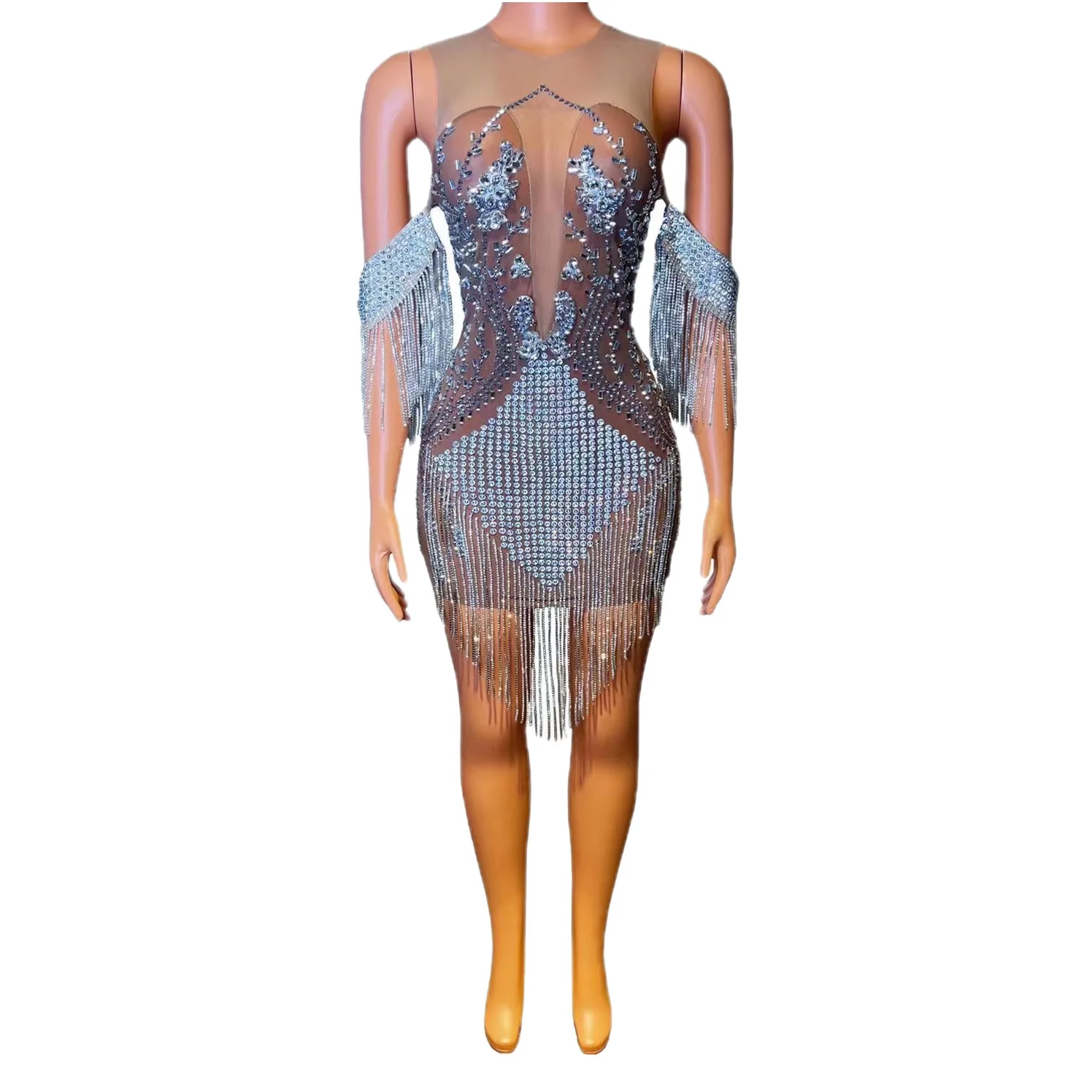 

Nude Shining Rhinestones Off The Shoulder Tassel Sexy Sheath Dress For Women Nightclub Party Clothing Singer Stage Costume