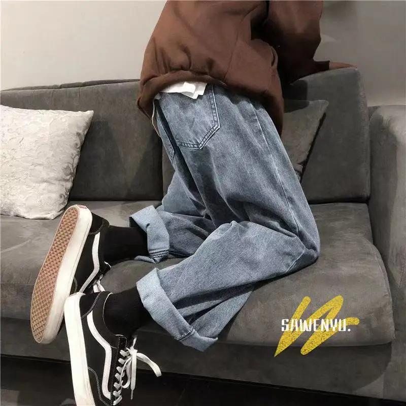 Men's Loose Straight Pants Baggy Homme Wash Jeans Fashion Black/blue Color Casual Pants Biker Denim Trousers Size S-3XL