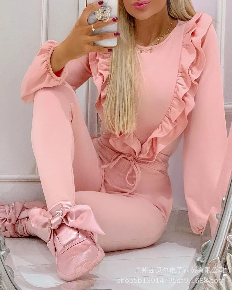 

(Tops + Pants) 2022 New Ladies Trousers Suit Sweet Pink Casual Suit