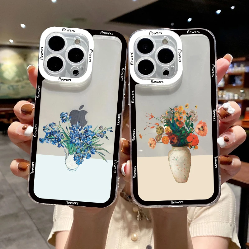 

INS Oil Painting Flowers Clear Phone Case For iPhone 14 13 11 12 Pro Max 14 Plus 7 8 Plus SE 2020 X XS XR Transparent Back Cover