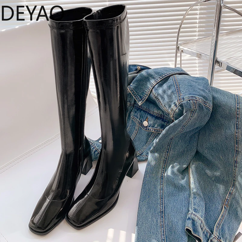 

2022 Women Knight Knee-high Boots Patent Leather High Heel Ladies Zipper Shoes Fashion Winter Long Boots botas femininas
