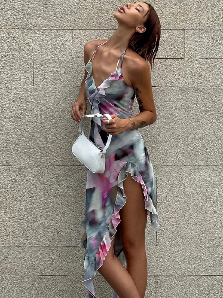 

Laxsesu Ruffles Printed Halter Dress y2k Irregular Backless Sexy Bodycon Dress Elegant Party Evening Mini Dresses for Women 2023