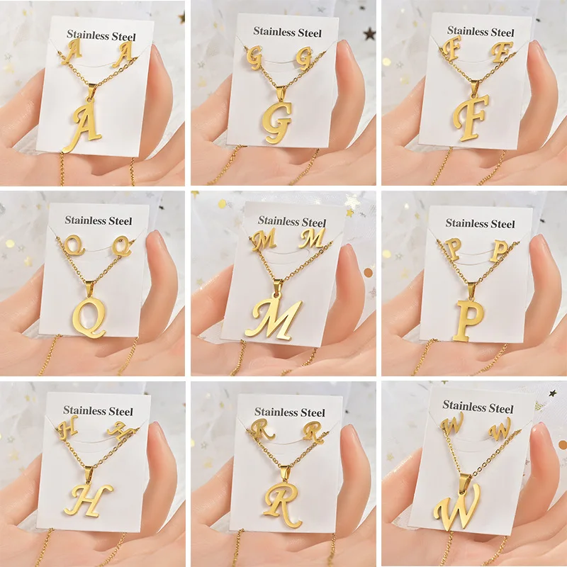 

A-Z Stainless Steel Initial Necklace And Stud Earrings Jewelry Sets Alphabet Pendant Chain Letter Accessories Gifts