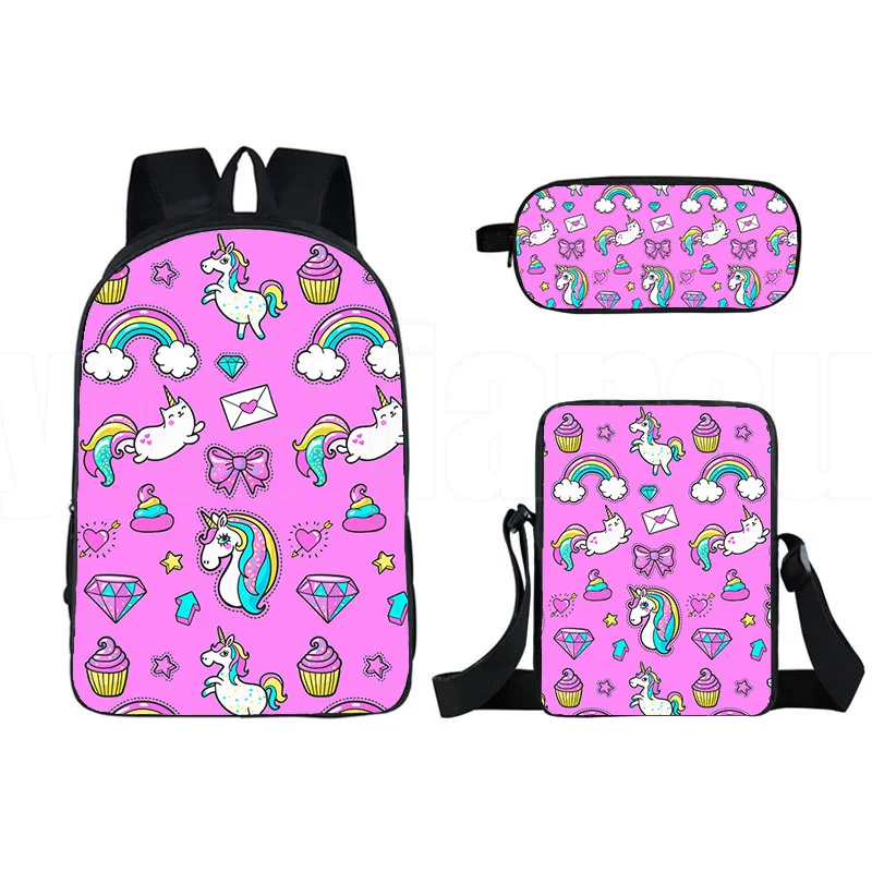 

Cartoon Rainbow Pink Unicorn 3pcs/Set Backpack 3D Print School Student Bookbag Travel Laptop Daypack Shoulder Bag Pencil Case