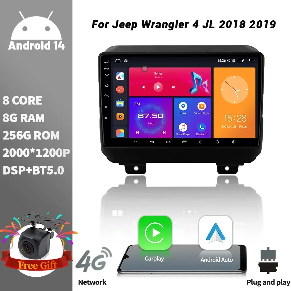 Автомобильный радиоприемник для Jeep Wrangler 4 JL 2018 2019 9-дюймовый Android 14 Мультимедийный