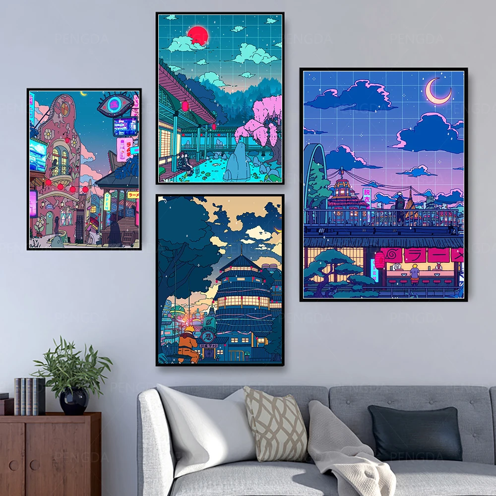 

Canvas Wall Art Cartoon View Street Prints Poster Decor Paintings Home Decoration Night Tree Cute Painting For Bedroom Modular