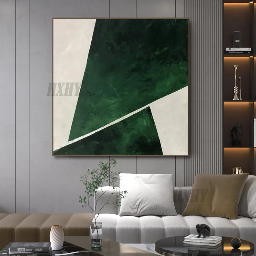

Large Size Green Abstract oil Painting Geometric Wall Art on Canvas Modern Original White and Green Artwork For Livingroom Decor