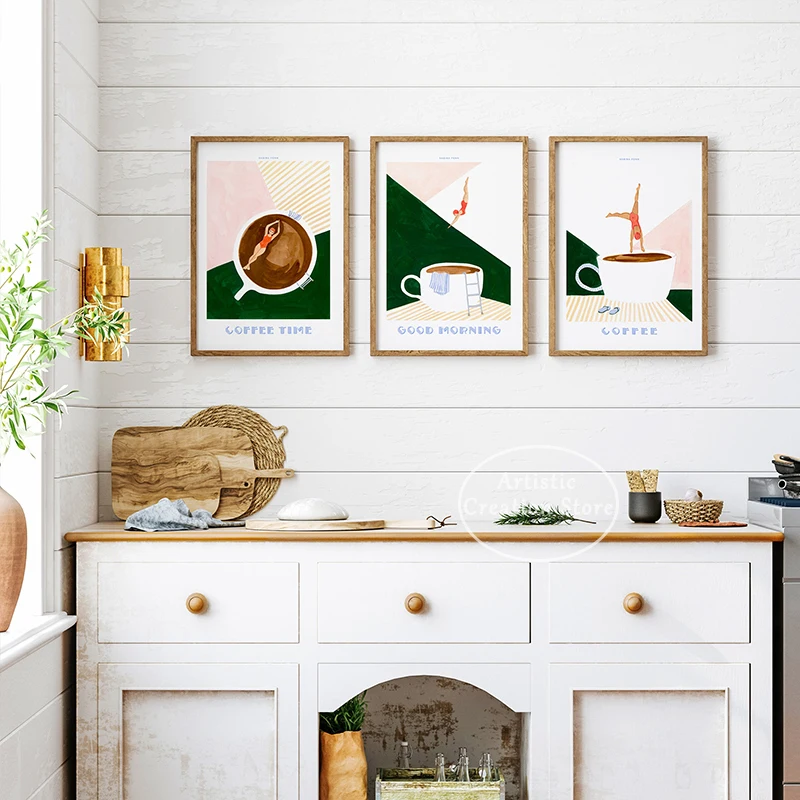 Постер для дайвинга в стиле ретро с изображением девушки-кофейни доброе утро