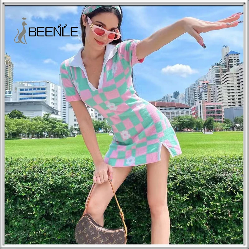 

BEENLE Summer Sweet Patchwork Daisy Knit Women Dress Polo Collar Short Slim Slit Plaid Skirt Shirt For Girls Women Clothing